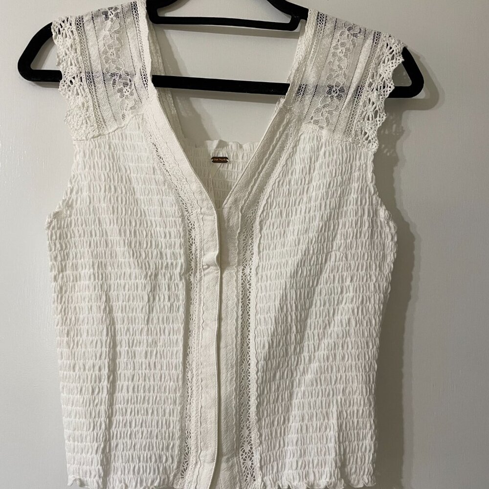 Free People White Lace Smocked Boho Sleeveless Top - Size Large